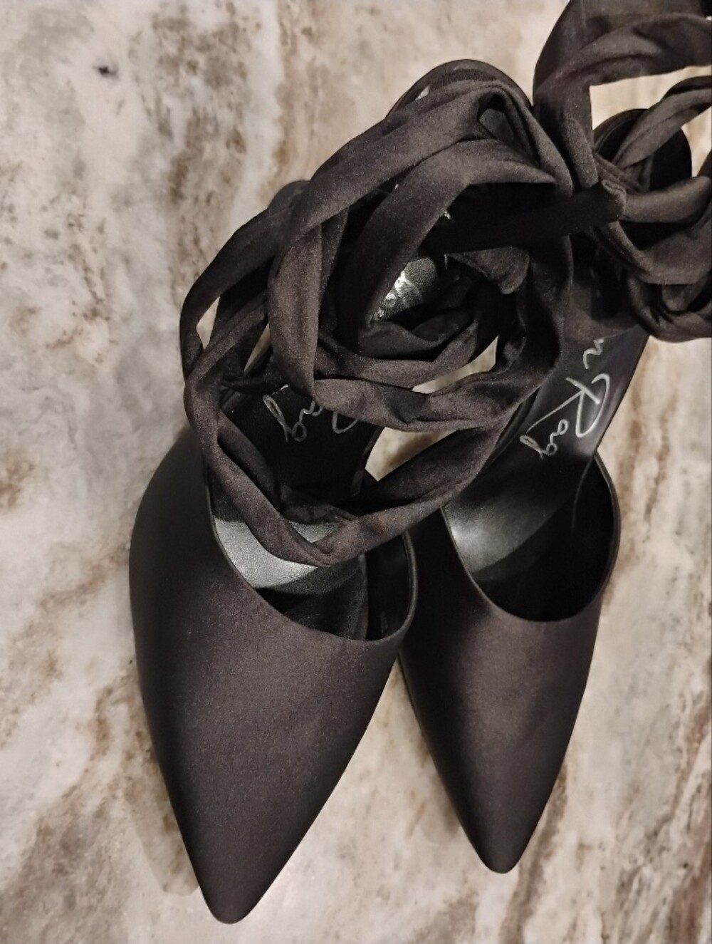 Women's Black Satin Pointed Lace-Up Heels